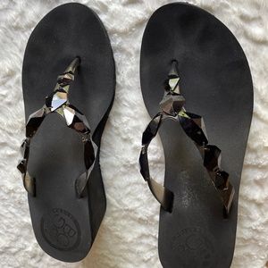 BCBG Wedge Thong Sandal with Black Stones Size 10